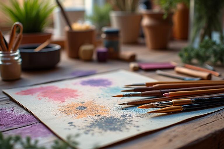 Creatieve craft supplies en verfborstels uitgestald op een houten tafel